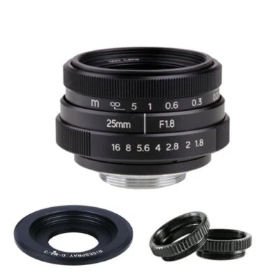 Black C mount Mini 25mm F1.8 CCTV APS-C Lens For Micro Four Thirds M4/3 Camera - Image 1 of 4