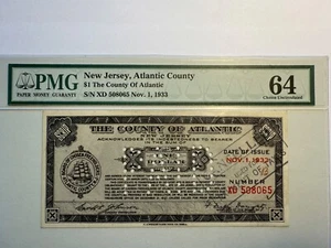 1933 Depression Scrip $1 - Atlantic County, New Jersey. S/N XD 508065 Nov 1, 33 - Picture 1 of 2