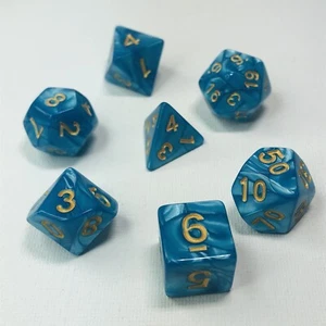 Aqua Blue D&D Dice Set With Gold Numbering & A Free Blue Dice Bag - Bild 1 von 2