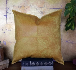 Yellow faux leather patchwork cushion cover 40x40cm-vegan pillow cover-1pcs - Picture 1 of 5
