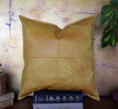 Yellow faux leather patchwork cushion cover 40x40cm-vegan pillow cover-1pcs - Image 1 of 4