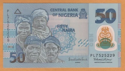 Nigeria UNC 50 Naira Polymer Banknote 2013 P-40d Prefix PL - Image 1 of 2