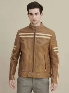 Men's Brown Camel Biker Zipper Chest Stripes Leather Jacket - Picture 1 of 5