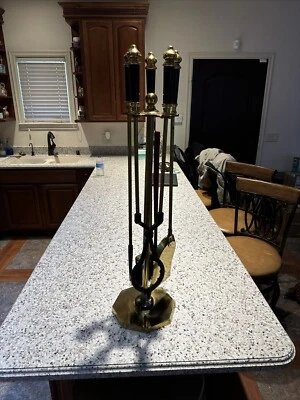 ANTIQUE VINTAGE FINE BLACK MARBLE AND BRASS FIREPLACE TOOLS W/long Lighter - Image 1 of 4