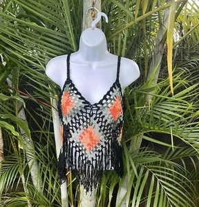 Vivid Womens Size Medium Crochet Fringe Tank Hippie Boho Festival Black Orange - Picture 1 of 7