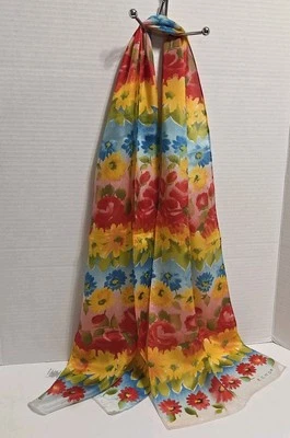 ECHO 100% Silk Scarf Multicolor Floral Oblong 10x53 Made In Japan  - Image 1 of 4