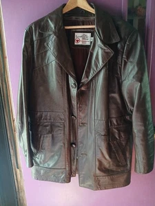 Vintage 70er braun Leder Knopf Mantel Reißverschluss gefüttert Sears Th Leather Shop Herren 42  - Bild 1 von 16