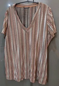 Essence Plisse T-shirt Top V Neck Browns Red Striped Non Iron Size 24 - Picture 1 of 11