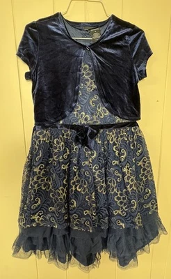George Blue and Gold Holiday Dress With Jacket Girls Size 14 Lace and Velvet - Image 1 of 4