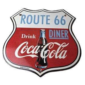 LETRERO DE PORCELANA VINTAGE ROUTE 66 COCA COLA - LETRERO DE COMEDOR DE GAS SODA - Imagen 1 de 14