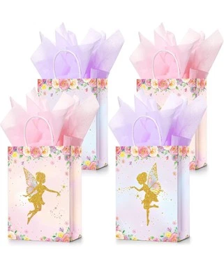 16 Pieces Floral Fairy Gift Bags with Tissue Paper Pink/Purple Gift Treat Bags Foto 1 de 4