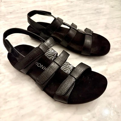 Vionic Amber Black Croc Embossed Strappy Sandals Women's 9 Orthotic Comfort - Image 1 of 4