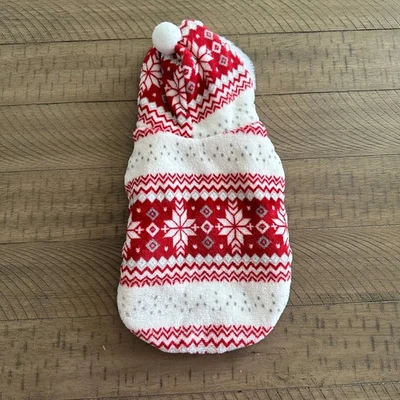 Small Dog Christmas Red and White Fleece Sweater with Hood  - Image 1 of 2