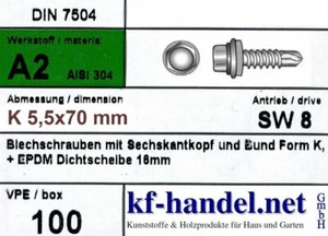 5,5 x 70 mm Bohrschrauben 8mm Kopf Dichtscheibe Ø 16 mm 100 Stück V2A Edelstahl - Bild 1 von 3