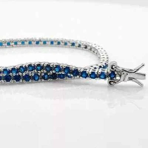 3MM Round Cut Blue Sapphire Tennis Lab Created Bracelet 14K White Gold Plated 7" - Picture 1 of 4