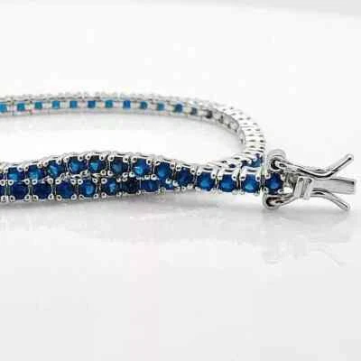 3MM Round Cut Blue Sapphire Tennis Lab Created Bracelet 14K White Gold Plated 7" - Image 1 of 4