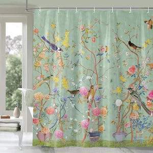 Shower Curtain Green Mould Proof Resistant Waterproof Bird Floral Bathroom - Picture 1 of 11