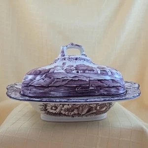 Antique Wood & Sons Purple Transferware CASTLES Pattern Covered Vegetable Dish - Picture 1 of 14