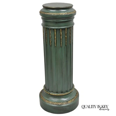 Antique French Louis XVI Style Green & Gold Painted Wooden Column Pedestal - Image 1 of 4