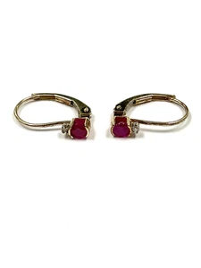 DAINTY 10K YELLOW GOLD RUBY & DIAMOND LEVER BACK RARRINGS - Picture 1 of 4