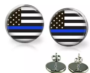 Pendientes de tachuelas de vidrio de soporte policial de línea azul delgada con bandera estadounidense LEO 2 tamaños - Imagen 1 de 2