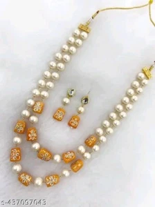 Elegant Golden Beads Kundan Long Necklace Indian Jewelry Beautiful Pearl - Picture 1 of 5