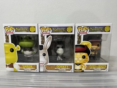 Shrek Donkey Puss Boots OG Set 3 Pop Vinyls  278 - 279 - 280 +Protectors Posted - image 1 of 4