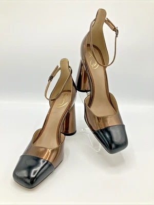 Sam Edelman Christine Tira no Tornozelo Salto Bloco em Bronze Metálico/Preto 9,5M Novo - Imagem 1 de 4