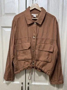 C & C California Women XL Brown Linen Blend Lightweight Short Button Front Shirt - Picture 1 of 10