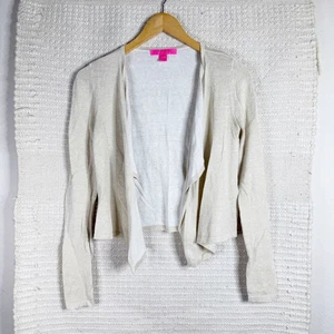 Maglione cardigan drappeggiato LILLY PULITZER oro metallizzato colonia aperto davanti XS - Foto 1 di 4
