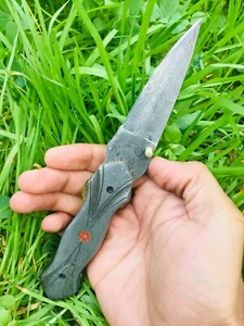 Custom Handmade Damascus Folding Pocket knife w/ Leather EDC Gift option for him - Picture 1 of 10