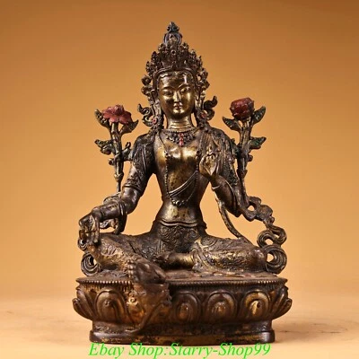 8.2" Old Tibet Pure Bronze Gilt Green Tara Mahayana Buddhism Goddess Statue - Image 1 of 4