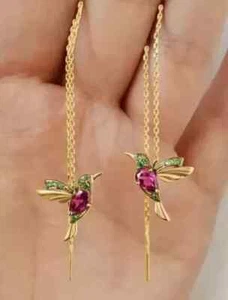 2Ct Pear Cut Lab Created Ruby Bird Linear Dangle Earrings 14K Yellow Gold Plated - Picture 1 of 10