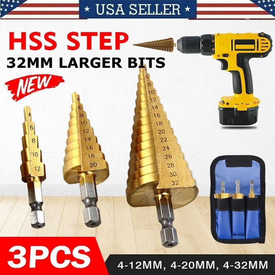 CUSTOM-SIGN 3Pcs Drill Bit Set Titanium Nitride Coated Steel Step Quick Change 1/4 Shank HSS