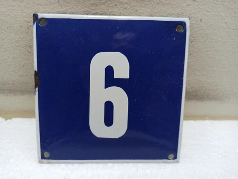 Vintage Enamel Sign Number 6 Blue House Door Street Plate Metal Porcelain Tin Cover