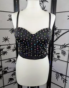 New Black Colourful Studded Diamante Corset Bustier Top M 90s Selena Style Sexy - Picture 1 of 4