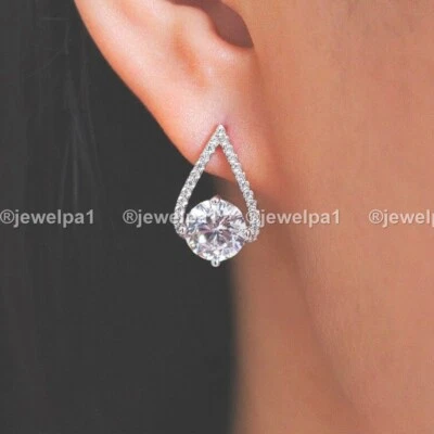 Moissanite Drop/Dangle Earrings Round Cut 3 Carat Solid 14K White Gold For Women - Image 1 of 4