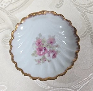 Vintage Limoges muschelförmiger Butterpat Teebeutelhalter rosa Blumen Goldrand B&H - Bild 1 von 4