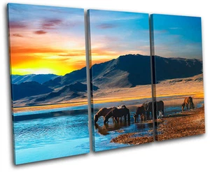 Horses Mountains Animals TREBLE CANVAS WALL ART Picture Print VA - Picture 1 of 1