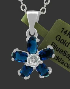 LAB 2.7 Cts BLUE SAPPHIRE FLOWER PENDANT 14K WHITE GOLD PLATED NEW WITH TAG - Picture 1 of 3