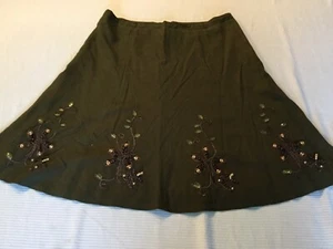 Carole Little Skirt linen/rayon Boho lined beaded olive green sz 14 - Picture 1 of 6