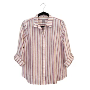 Chico’s Linen Metallic Striped Roll-Tab Button Front Shirt NEW Size 1 - Picture 1 of 8