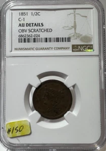 1851 C-1 BRAIDED HAIR HALF CENT 1/2C NGC AU ALMOST UNCIRCULATED - Picture 1 of 4