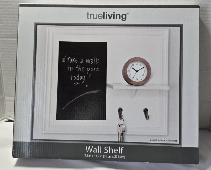 Trueliving Wall Shelf w/ Chalkboard & Key holder White 13.8" x 11.7" NEW in box - Image 1 of 4