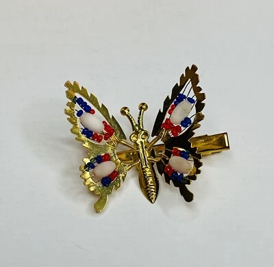 Vtg Hair Clip Blue Red Bead Butterfly Moveable Wings Trembler Gold Tone July NOS - Image 1 of 3
