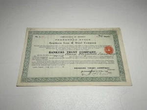 Antique (1911) Southern Iron & Steel Company Preferred Stock Share Certificate - Picture 1 of 3