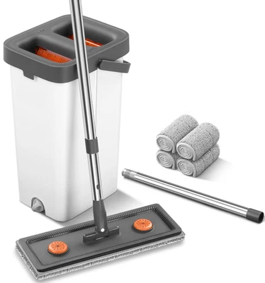 Fregona plana 155cm con cubo escurridor y 4 mopas microfibra lavables hogar Foto 1 de 4
