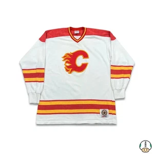 Vintage 80s CCM Calgary Flames Hockey Jersey Mens Large White Rare Stitched NHL - Picture 1 of 9