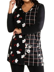 Ulla Popken Top black plus size 24/26 28/30 32/34 36/38 check floral stretch - Picture 1 of 9