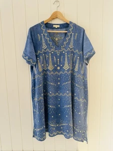 Ruby Yaya Chambray Dress Size L Blue Gold Embroidered Knee Length Short Sleeve - Picture 1 of 10